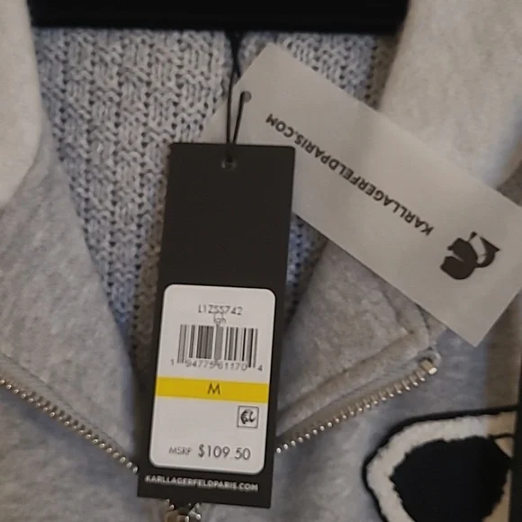 NWT Karl Lagerfeld Gray Hooded Sweater Jacket with Patches Size M - Picture 2 of 10